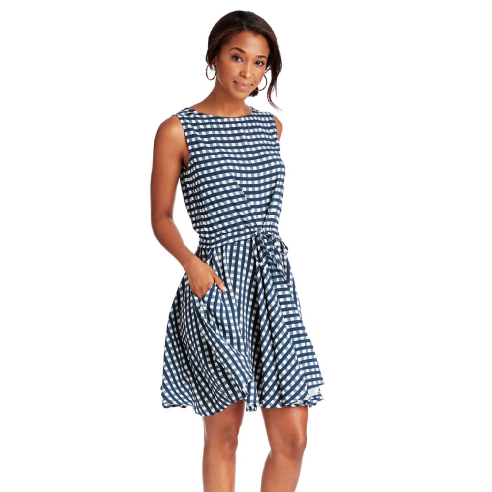 Navy and White Striped Sleeveless Tie-Waist Dress